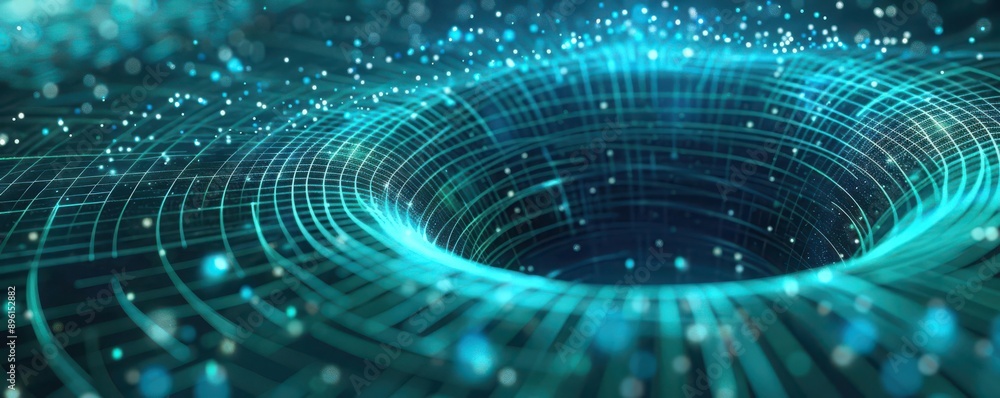 Poster a mesmerizing digital spiral with luminous particles and vibrant colors, creating a sense of depth a