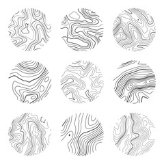 Topographic map with contour lines. Geographic terrain grid, relief height elevation. Ground path pattern. Travel and navigation, cartography design element. Vector illustration