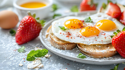 A vibrant breakfast spread with fresh fruits, eggs, and toast on a rustic wooden table - Healthy breakfast ideas

