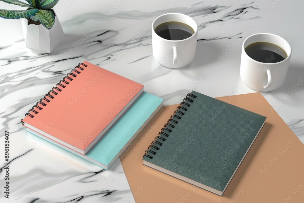 Poster two notebooks and a cup of coffee sit on a table, perfect for studying or working