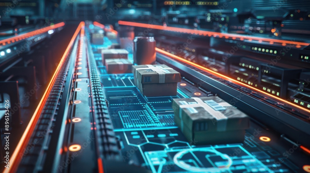 Poster futuristic conveyor system transporting packages in a high-tech warehouse, showcasing automation and