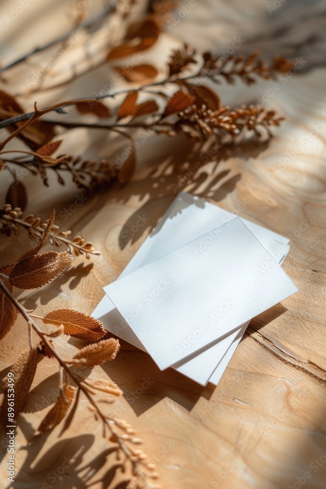 Poster a stack of white papers sits on a wooden table, ready for use