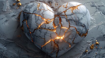 A cracked, stone heart with golden veins, glowing from within, rests on a grey surface