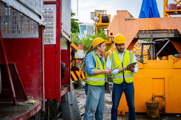 Two men in safety gear are looking at a piece of machinery. They are wearing reflective vests and hard hats