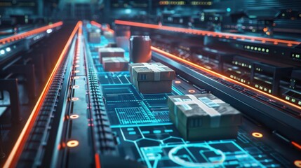 Futuristic conveyor system transporting packages in a high-tech warehouse, showcasing automation and modern logistics.