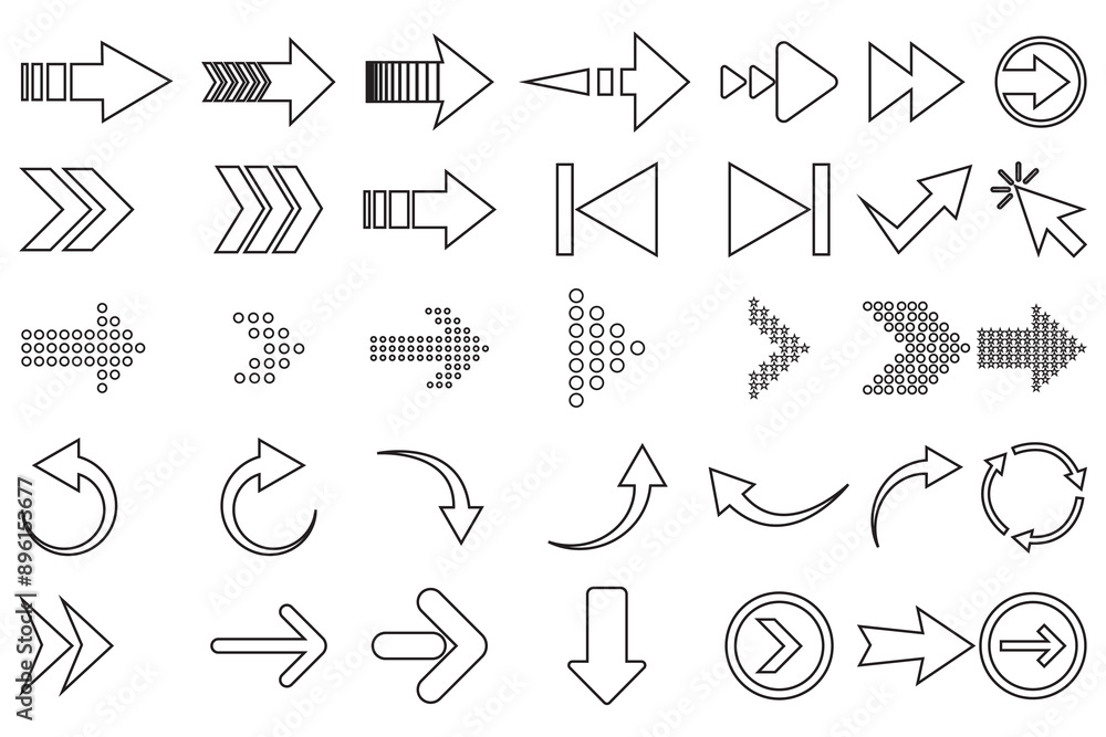 Poster mega set of arrow vector, silhouette with stroke line. set of arrows, arrow vector, icon collection.
