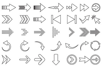 Mega set of arrow vector, silhouette with stroke line. Set of arrows, Arrow vector, icon collection. Arrows vector.  Modern simple arrows. Vector illustration. 