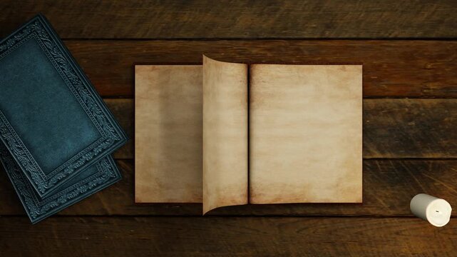 Animated turning pages of an old book on desk- 3d animation 4K