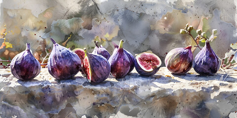 A Group of Figs Sitting on Top of a Stone Slab A watercolor painting of ripe luscious figs with emphasis on the light and shadow contrast AI Generated
