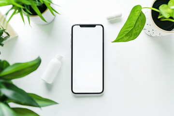 A smartphone with a blank (mockup) screen is surrounded by green potted plants and a small bottle on a white background, emphasizing the concept of technology, nature, and health. Flat lay