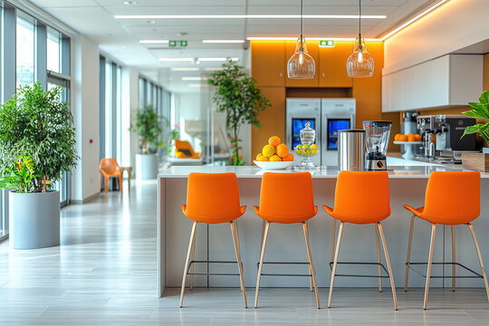 Modern office kitchen offering relaxing break area with orange chairs