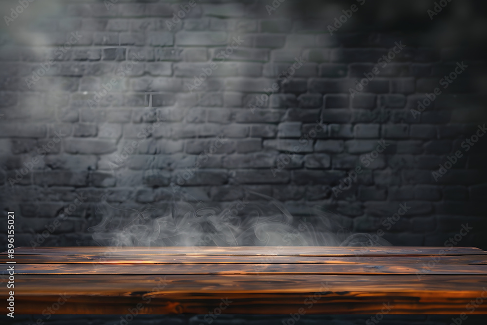 Poster empty wooden table with smoke float up on dark background