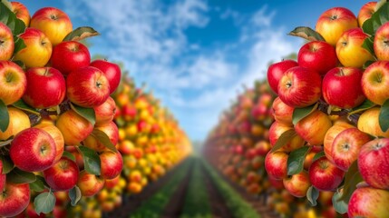 A beautiful orchard with rows of trees laden with apples