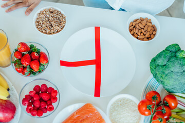White plate divided on parts according to healthy balanced diet plate and proportions of needed...