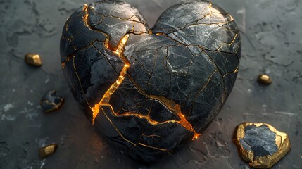 A broken black heart with golden veins rests on a dark grey surface