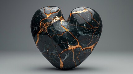 A heart-shaped piece of black marble with gold veins is shown cracked, resting on a grey surface