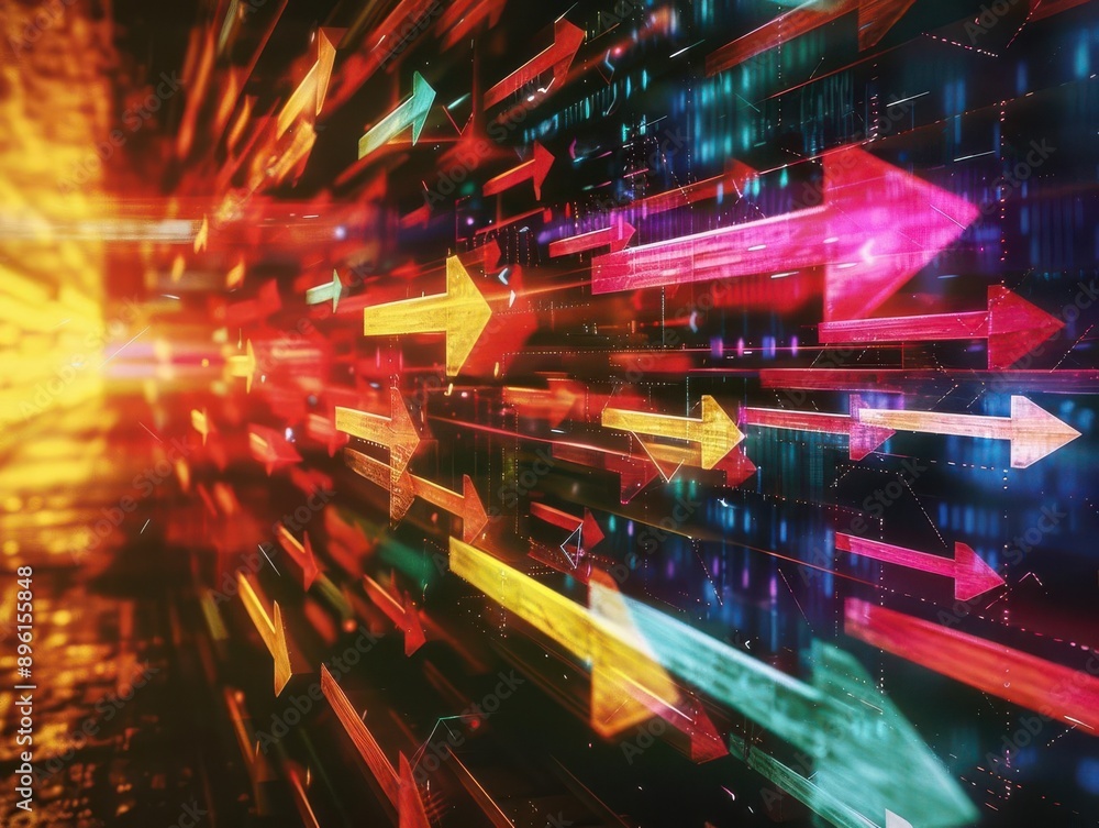 Poster dynamic abstract background with vibrant arrows representing speed, direction, and energy in a color