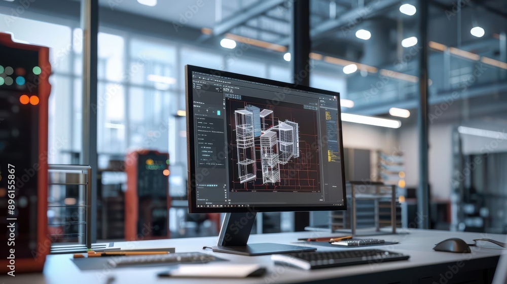 Poster a modern workstation featuring a computer displaying architectural blueprints in a well-lit industri
