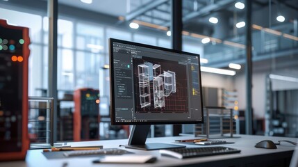 Obraz premium A modern workstation featuring a computer displaying architectural blueprints in a well-lit industrial space.