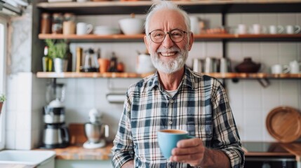 Grandpa carries a cup of coffee while smiling against the background of a neat and modern kitchen. Enjoy your retirement happily.
