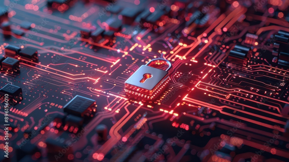 Poster circuit board with glowing red lines and a lock, symbolizing digital security and technology.