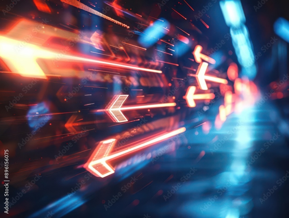 Poster dynamic abstract light trails with vibrant colors and directional arrows, conveying motion and speed