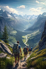 Obraz premium Peak Pursuit: Adventurers Hike Through Majestic Mountains with Stunning Vistas. Backpackers Conquer Mountain Paths, Seeking Nature's Bounty. generative AI