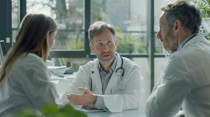 The doctors were having a meeting in a glass-windowed room in the hospital, discussing the health and illnesses of the patients very seriously.