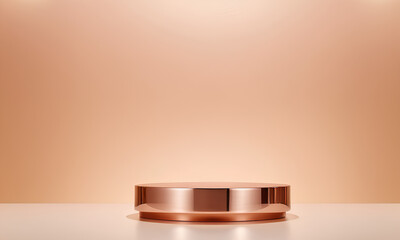 Smooth Reflective Rose Gold Podium with Subtle Golden Light on Soft Beige Backdrop
