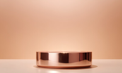 Minimalist Beige Backdrop Featuring Reflective Rose Gold Podium with Golden Accents

