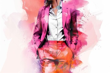 Obraz premium A businesswoman in a pink suit and white shirt, posing confidently