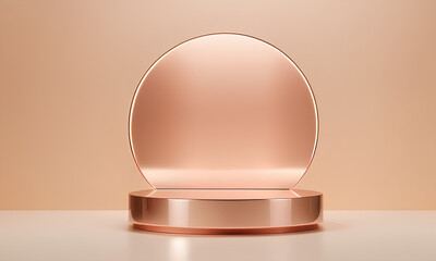 Elegant Rose Gold Podium on Soft Beige Background with Golden Light Rays
