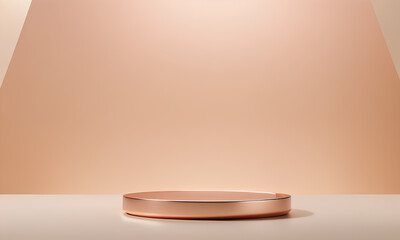 Beauty Product Presentation: Sleek Rose Gold Podium with Soft Beige and Golden Light





