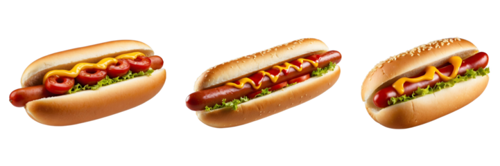 Set of Tasty Combo Hotdog with Ketchup and Mustard Isolated on Transparent Background with tomato lettuce