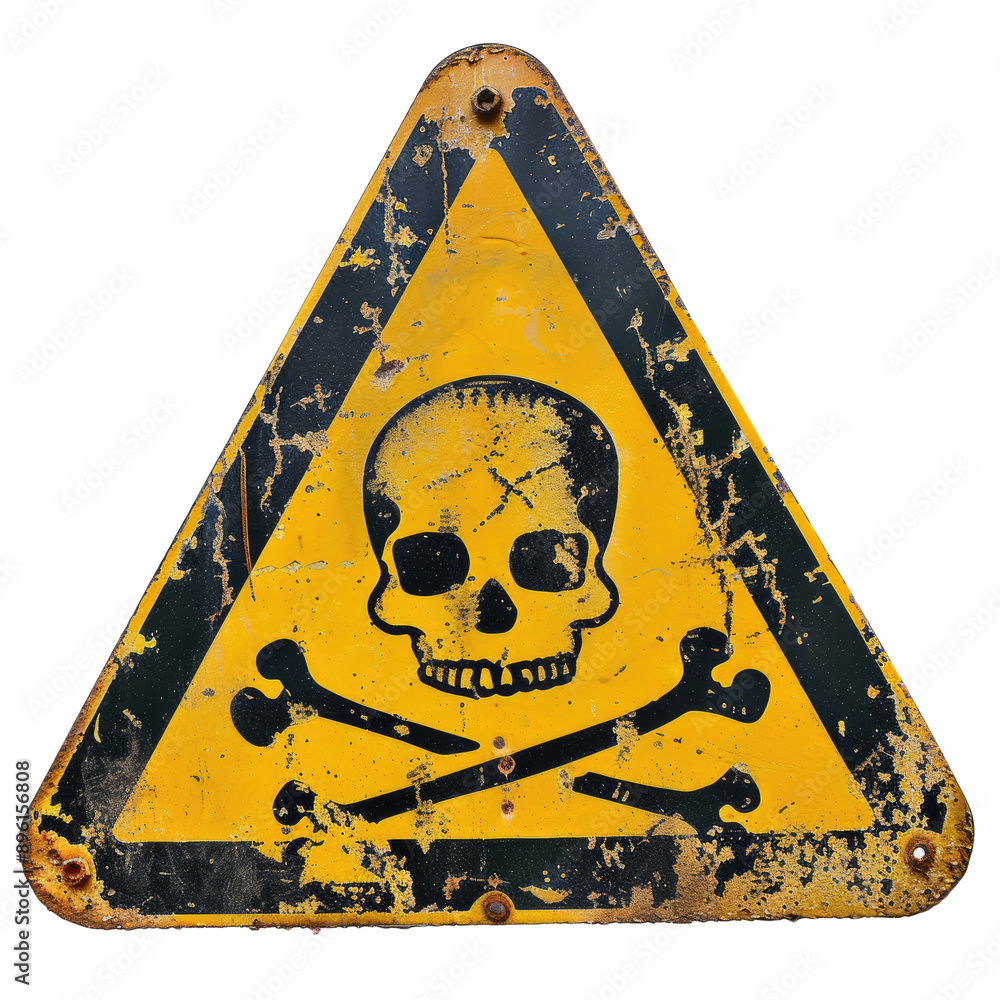 Wall mural yellow triangular sign. grungy style danger sign with skull and cross bones. rusty. warning. caution