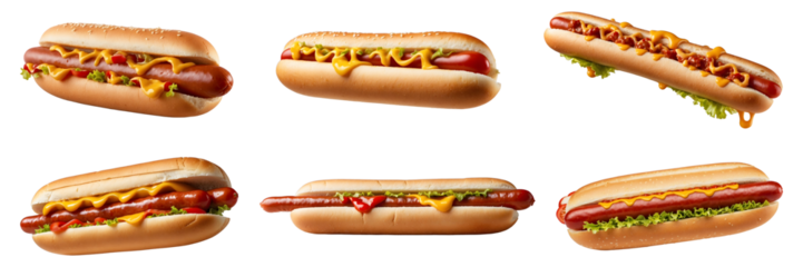 Set of Grilled Perfection Hotdog with Ketchup and Mustard Isolated on Transparent Background with tomato lettuce