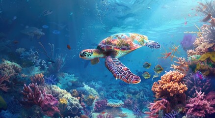 Obraz premium Sea Turtle Swimming Through a Vibrant Coral Reef