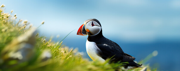 Colorful Puffin Standing Proudly on a Lush Green Cliff by the Ocean in Summer