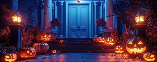 Halloween scene with glowing jack-o'-lanterns on steps leading to a decorated house under blue lighting.