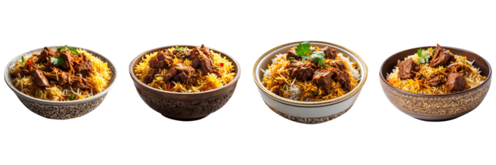 Set of Biryani with a Twist Delicious Beef Biryani Isolated on a Transparent Background. Ramadan dinner, spicy, indian food, Iftar meal,  