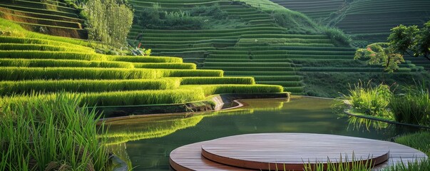 Scenic view of lush green terraced rice fields with a serene water pond and wooden platform in the foreground on a sunny day.