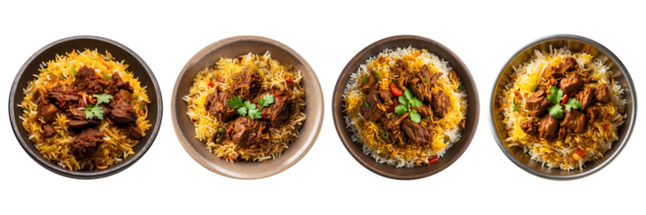 Set of Authentic Biryani Delicious Beef Biryani Isolated on a Transparent Background. Ramadan dinner, spicy, indian food, Iftar meal,  