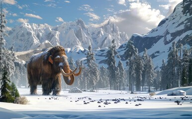 Woolly Mammoth in a Snowy Mountain Landscape