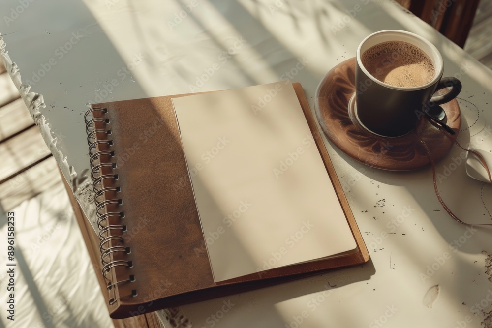 Poster a cup of coffee and a notebook on a table, perfect for writing or studying