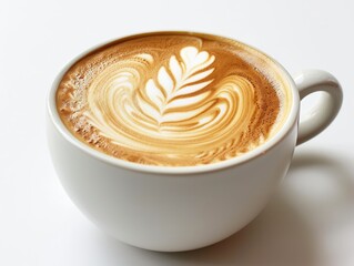 A cappuccino with latte art in a white cup on a white background