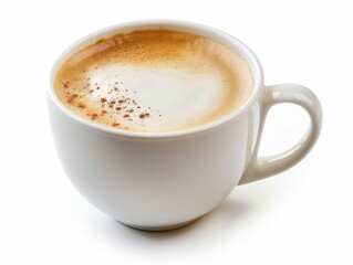 A cappuccino with latte art in a white cup on a white background