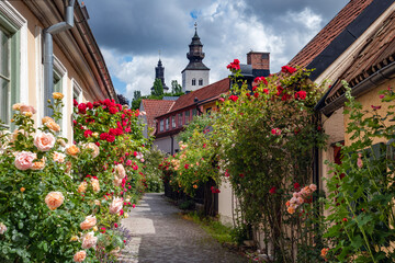 Narrow street in the historical old town in Visby, Sweden