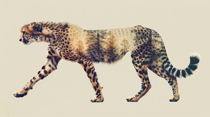 Obraz premium A watercolor painting of a cheetah walking with a beige background.