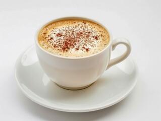 A cappuccino with latte art in a white cup on a white background