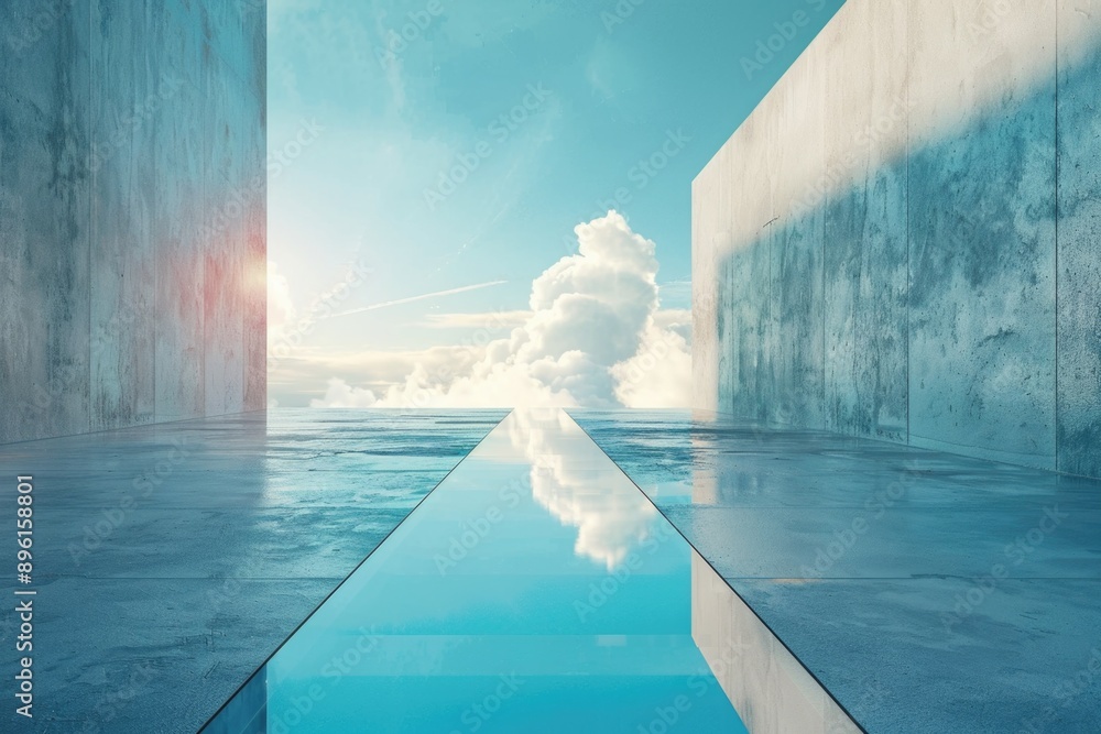 Poster a still moment of nature where the clouds reflect onto the surface of a calm pool of water